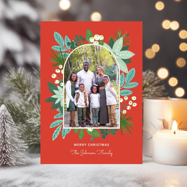 Arch Frame Floral Frohe Weihnachten Foto (Arch Frame Floral Merry Christmas Photo Holiday Card)