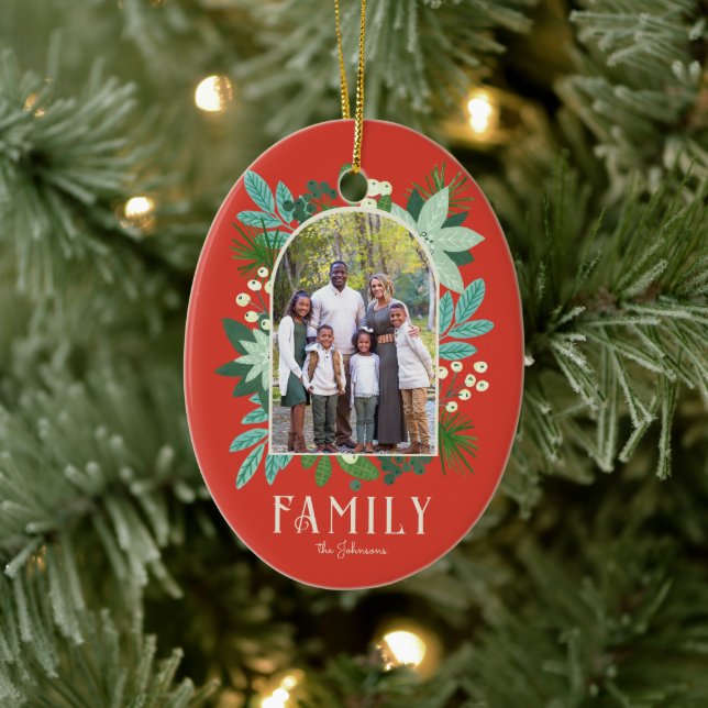 Arch Frame Floral Merry Christmas Photo Keramik Ornament (Baum)