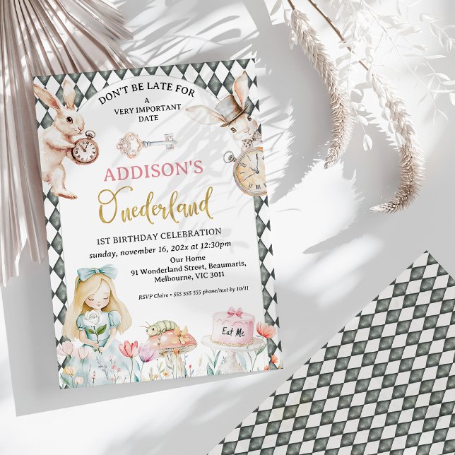 Arch Gray Diamond Alice in Onederland 1. Geburtsta Einladung (Alice in Onederland 1st Birthday Invitation, White Rabbit, Watch, Onederland Birthday Invitation)