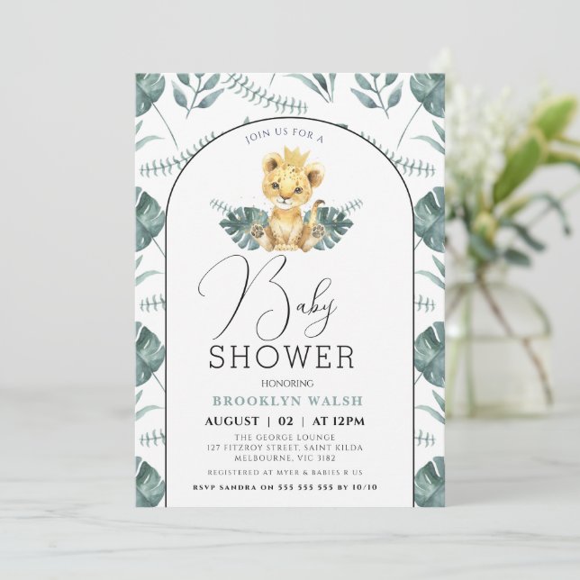 Arch Green Foliage Lion Babydusche Einladung (Stehend Vorderseite)