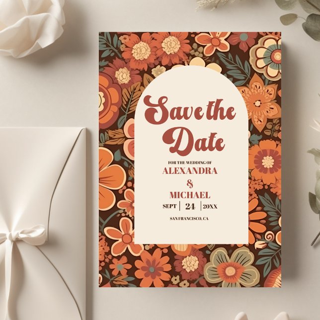 Arch Groovy Retro 70er Floral Wedding Save The Date (Von Creator hochgeladen)