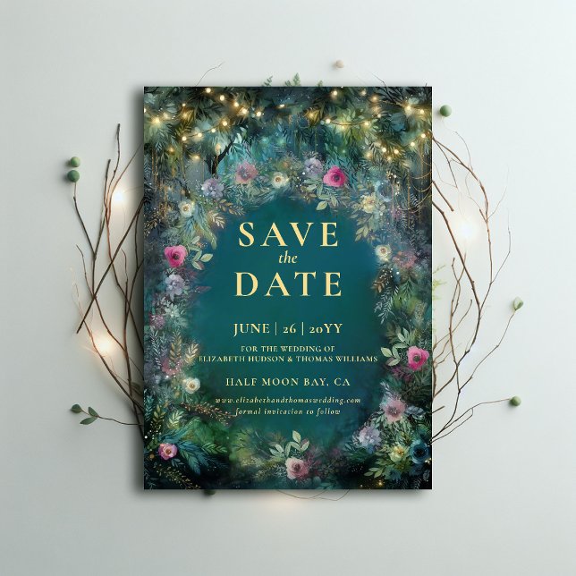 Arch-Hochzeit der verzauberten Rose speichern Sie  Einladung (enchanted forest wedding save date magical fairy tale woodland rose gold emerald green typography)