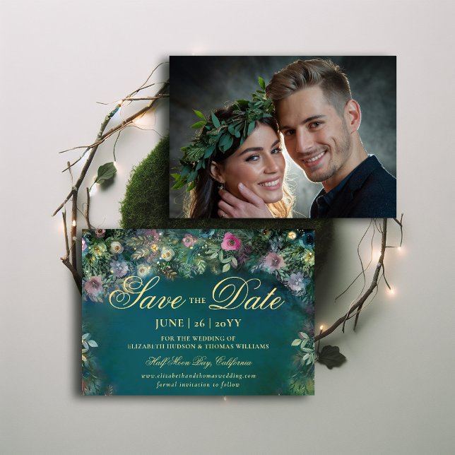 Arch-Hochzeit der verzauberten Rose speichern Sie  Einladung (enchanted forest photo wedding save the date magic fairy tale woodland roses gold emerald green )