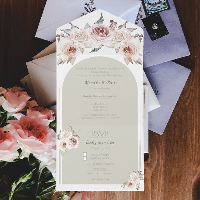 Arch-Hochzeit mit Bohemischer Rose All In One Einladung (Bohemian Rose Arch Wedding All in One Invitation)