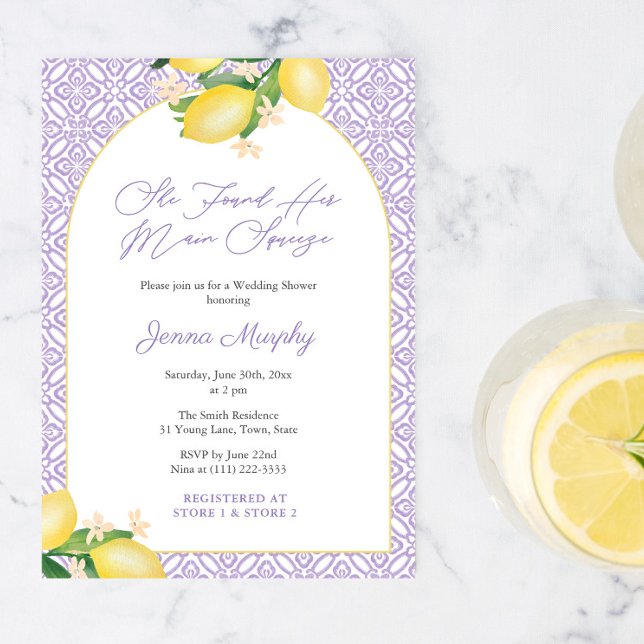 Arch Lemons Flieder Main Squeeze Brautparty Einladung (Lemons Lavender Modern arch she found her main squeeze bridal shower invitation with QR code)