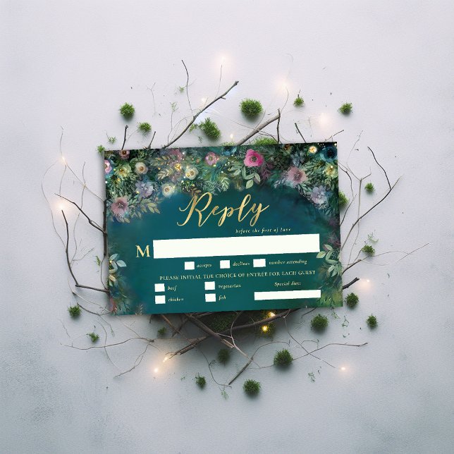 Arch Meal Wedding RSVP für verzauberte Rose Karte (enchanted forest rsvp reply meal choice magical fairy tale woodland roses gold emerald green)