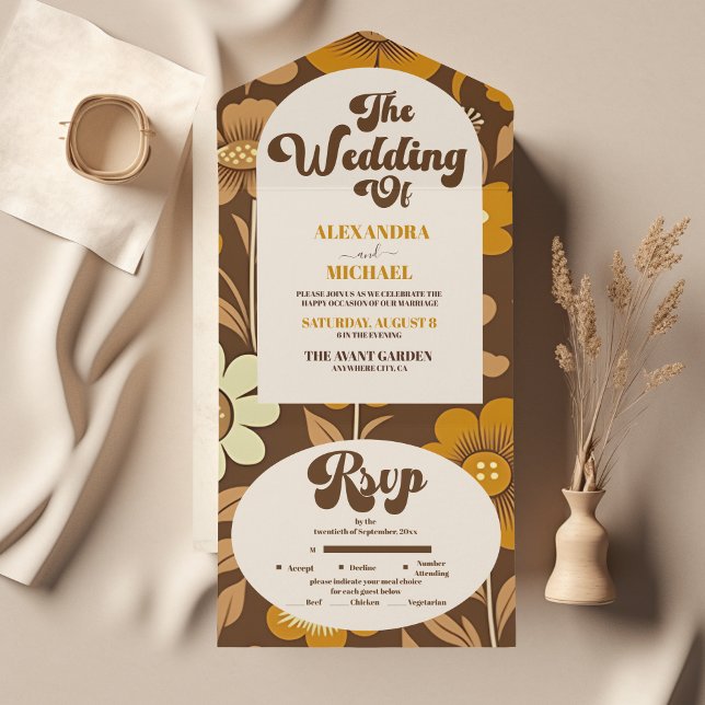 Arch Modern Retro 70s Floral Wedding All In One Einladung (Von Creator hochgeladen)