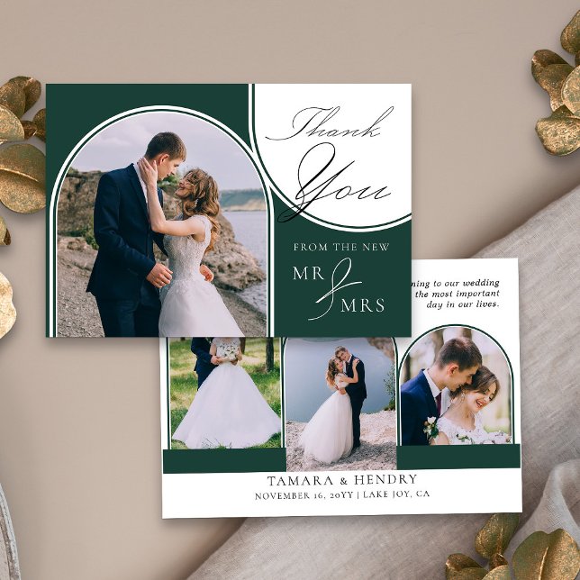 Arch Multi Foto Elegante Kalligrafie Emerald Green Dankeskarte (Arch multi photo wedding thank you card in emerald green from my Wedding Colors collection)