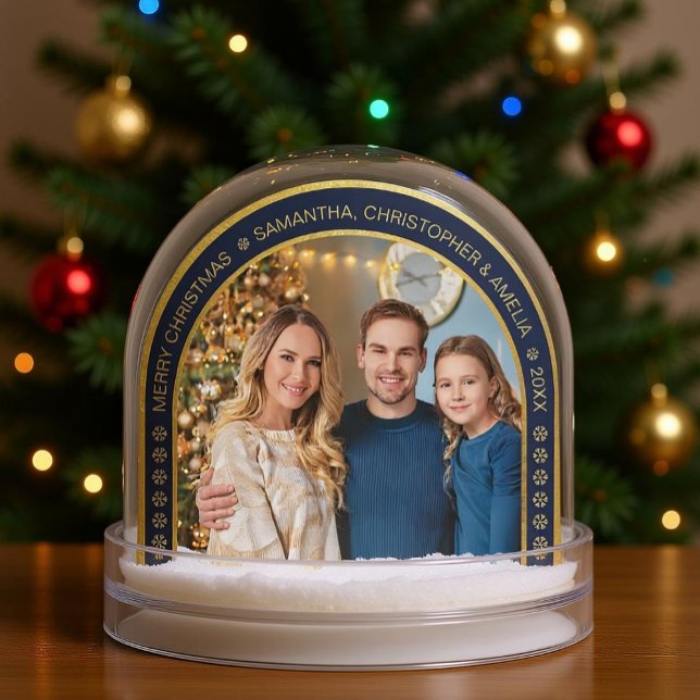 Arch Navy Blau Falsches Gold Weihnachten Familienf Schneekugeln (Snow globe with Christmas tree)