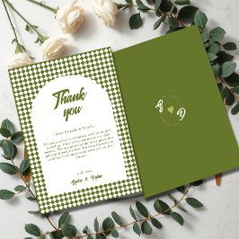 Arch Olive green Minimalist Retro Checker Wedding Dankeskarte