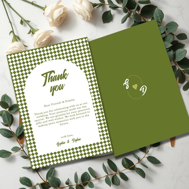 Arch Olive green Minimalist Retro Checker Wedding Dankeskarte (Von Creator hochgeladen)