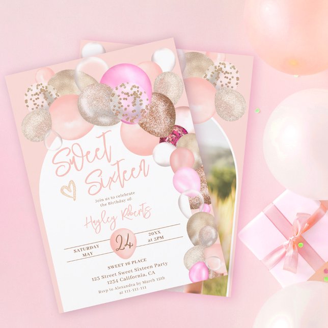 Arch pastel Boho Glitzer Ballons pink Sweet 16 Einladung (Von Creator hochgeladen)