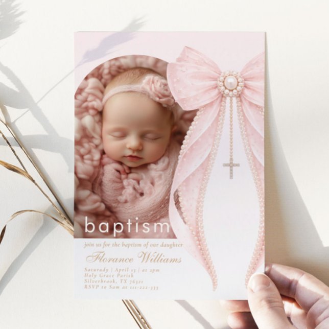 Arch Photo Pink Coquette Bow Baby Girl Baptism Einladung (Von Creator hochgeladen)