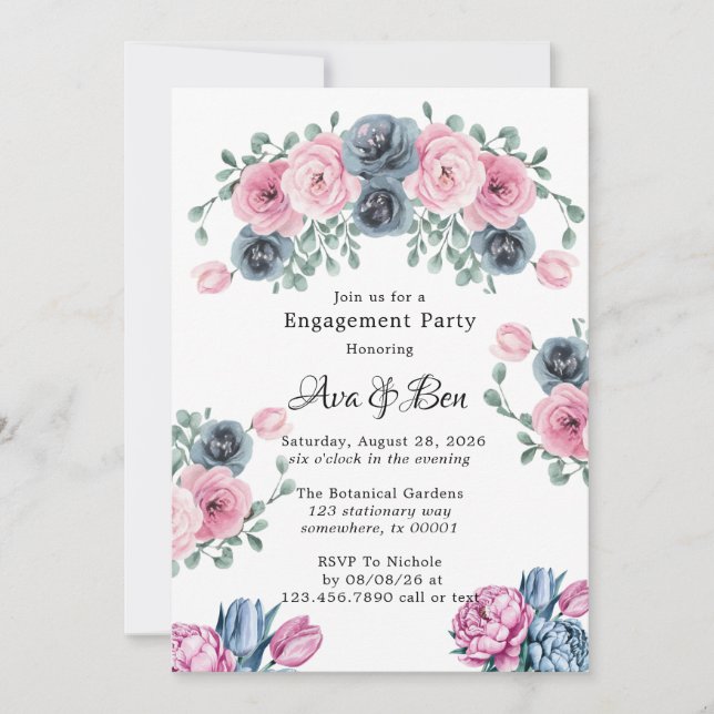 Arch Pink & Blue Blooms Engagement Party Einladung (Vorderseite)