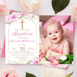 Arch Pink Floral Gold Glitzer Girl Taufe Foto Einladung