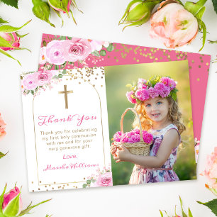 Arch Pink Gold Floral First Holy Communy Foto Dankeskarte