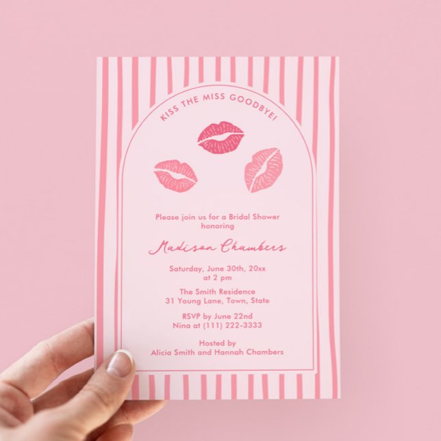 Arch Pink Lips Kiss The Miss Goodbye Bridal Shower Einladung (Modern pink kissy lips Valentine's Day bridal shower invitations with modern arch)