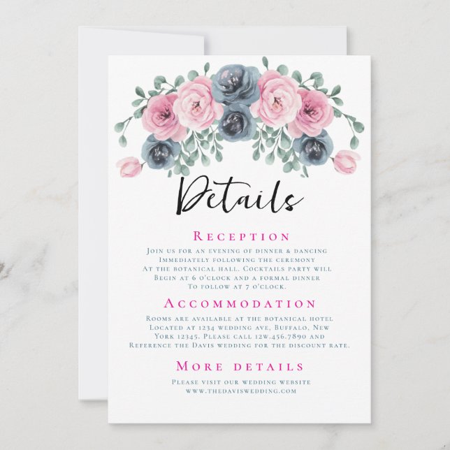 Arch Pink und Blue Blooms Hochzeitdetails Einladung (Vorderseite)