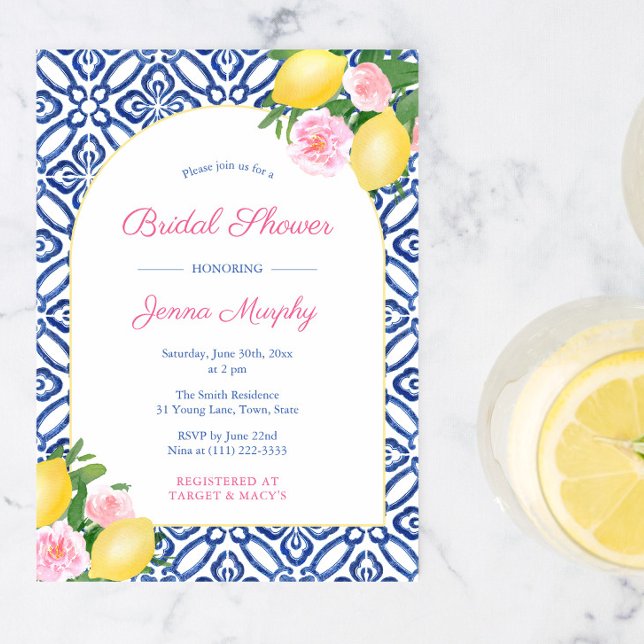Arch Positano Lemons Blue Tiles Polterabend Einladung (Arch shape pink flowers positano lemons bridal shower invitations)