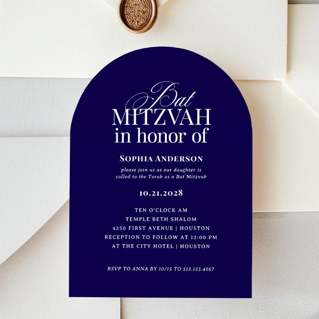 Arch Shape Classic Luxe | Dark Blue Bat Mitzvah Einladung (Von Creator hochgeladen)