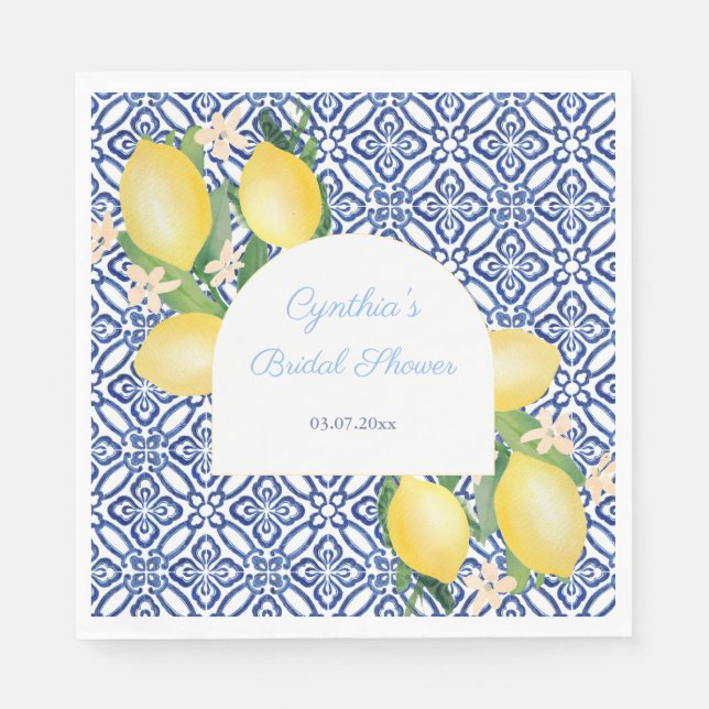 Arch Shape Italian Lemons Blue Tiles Brautparty Serviette (Vorderseite)