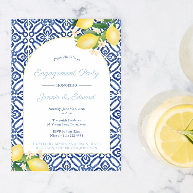Arch Shape Lemons Blue Tiles Engagement Party Einladung (Von Creator hochgeladen)