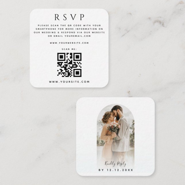 Arch Shaped Foto QR Code Online Wedding RSVP Chic Begleitkarte (Vorne/Hinten)