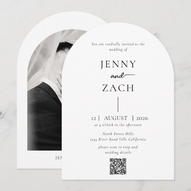 Arch Simple Modern Photo Qr Code Wedding Einladung (Vorne/Hinten)