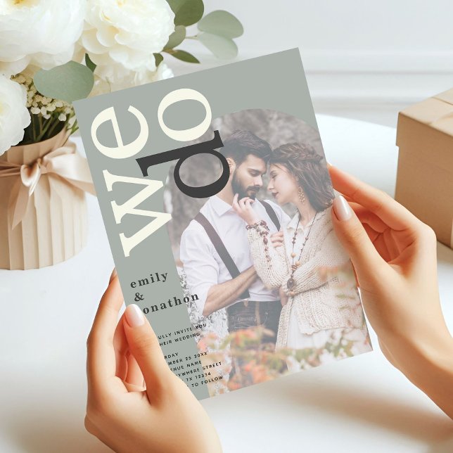 Arch Typografy Foto Overlay Page Grüne Hochzeit Einladung (Front view)