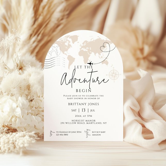 Arch World Map Reiseabenteuer beginnt Babydusche Einladung (Von Creator hochgeladen)