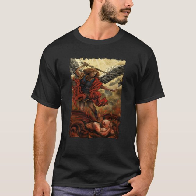 Archangel Michael besiegt Demon in Feuer T-Shirt (Vorderseite)