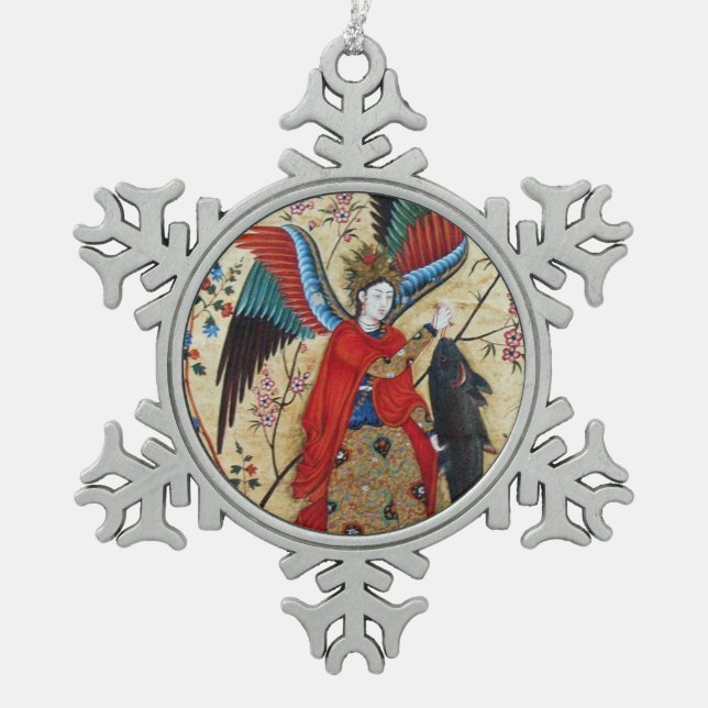 ARCHANGEL RAPHAEL UND FISCHPARKPLATZ SCHNEEFLOCKEN Zinn-Ornament (Vorderseite)