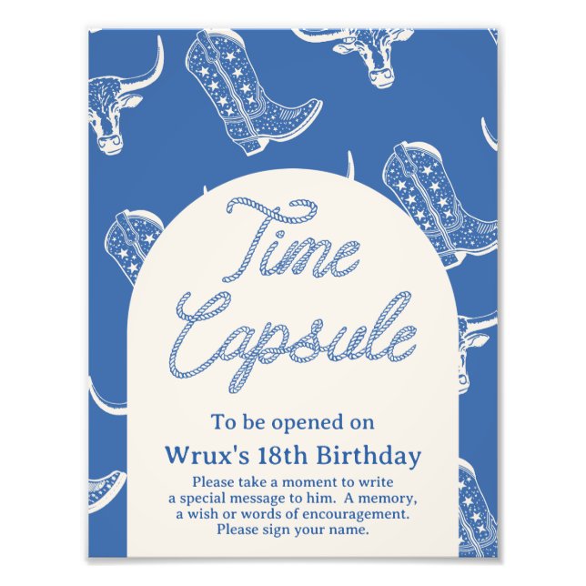 Arched Blue Cowboy Boots Time Capsule Sign Fotodruck (Vorne)