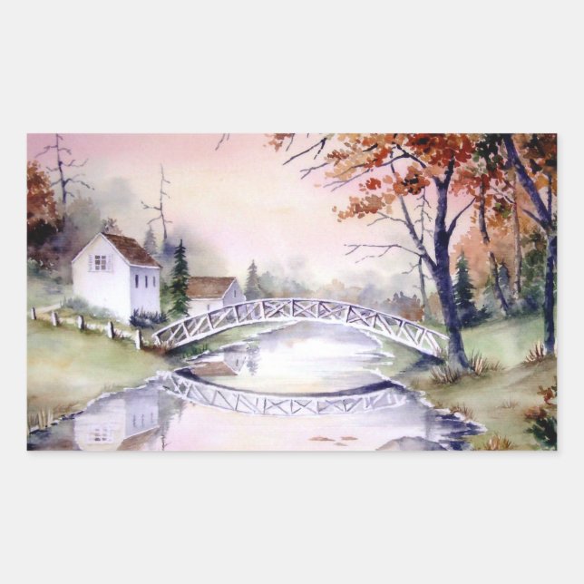 Arched Bridge Watercolor Painting Rechteckiger Aufkleber (Vorderseite)