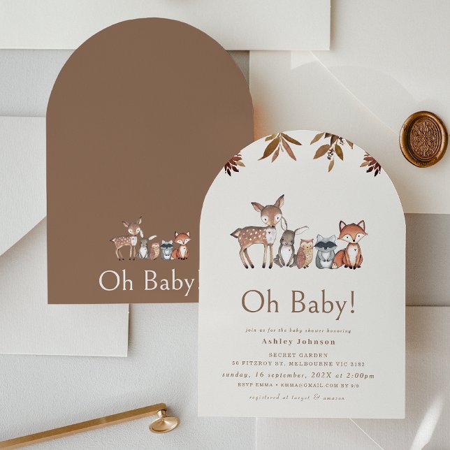 Arched Brown Foliage Woodland Animals Baby Dusche Einladung ( Arched Woodland Animal Baby Shower Invitation, Gender Neutral Woodland Baby Shower Invitation)