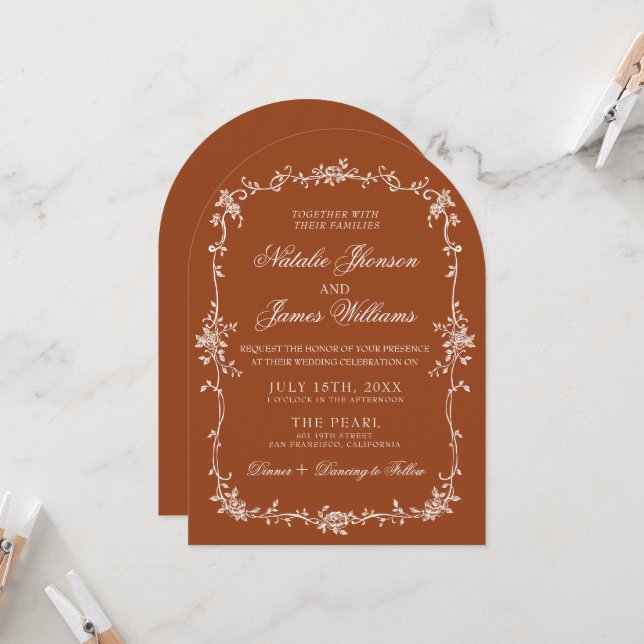 Arched Burnt Orange Floral Boho Terracotta Wedding Einladung (Vorderseite/Rückseite Beispiel)