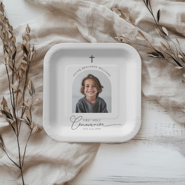 Arched Foto First Communion Boy Pappteller (Zazzle Arched Photo First Communion Boy Paper Plates)