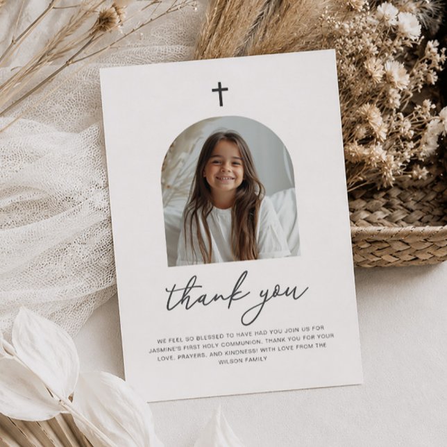 Arched Foto First CommunityGirl Danke (Zazzle Arched Photo First Communion Girl Thank You Card)