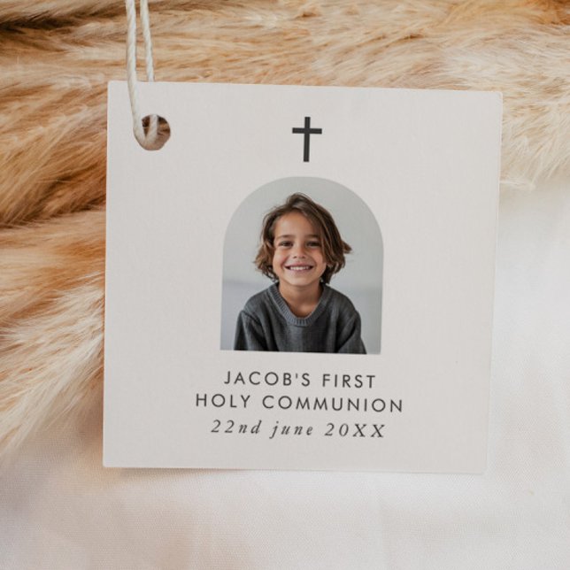 Arched Foto First Communityjunge Danke Geschenkanhänger (Zazzle Arched Photo First Communion Boy Thank You Favor Tags)