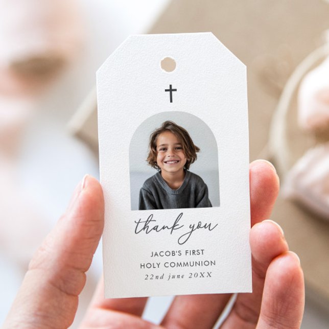 Arched Foto First Communityjunge Danke Geschenkanhänger (Zazzle Arched Photo First Communion Boy Thank You Gift Tags)