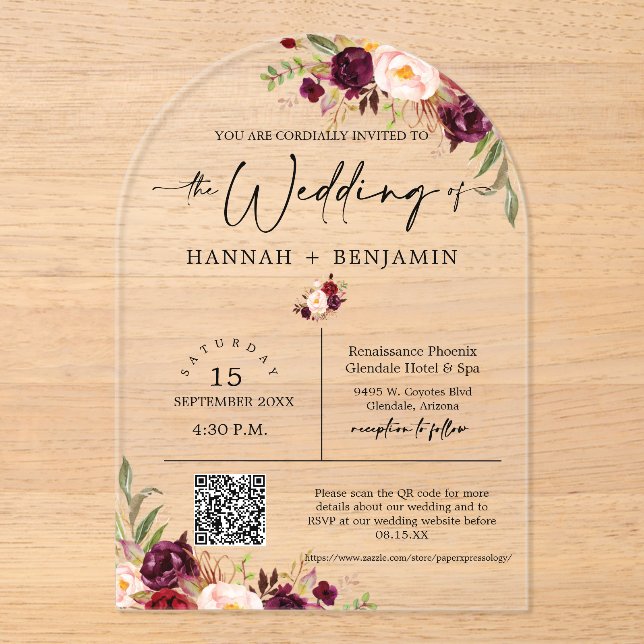 Arched Marsala Boho Wedding Modern Minimal QR Code Acryleinladungen (Vorderseite)