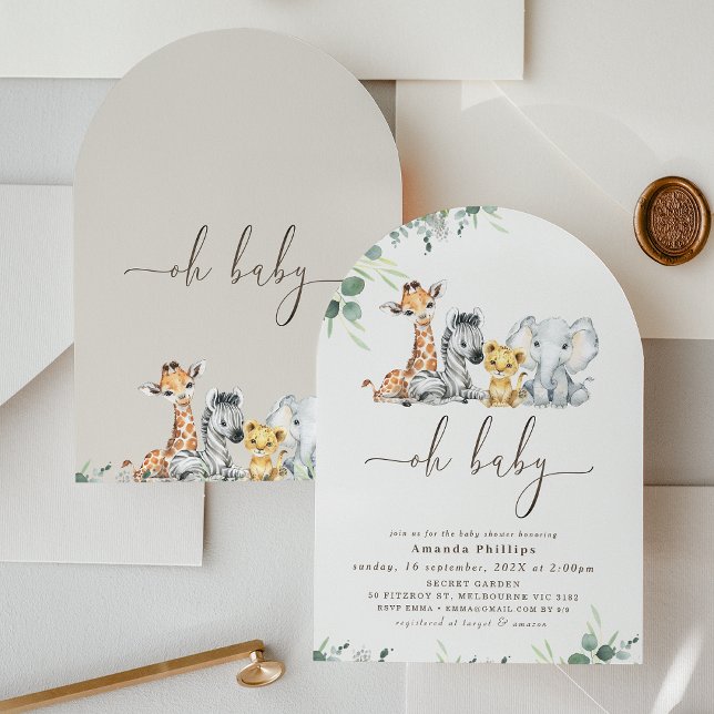 Arched Modern Foliage Safari Baby Dusche Einladung (Safari Baby Shower Invitation Arched Gender Neutral Modern Safari Animals Baby Shower Invite Foliage)