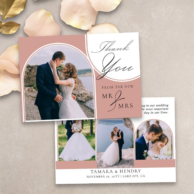 Arched Multi-Foto Elegante Kalligrafie Rose Gold Dankeskarte (Arched multi photo thank you card in rose gold from my Wedding Colors collection)