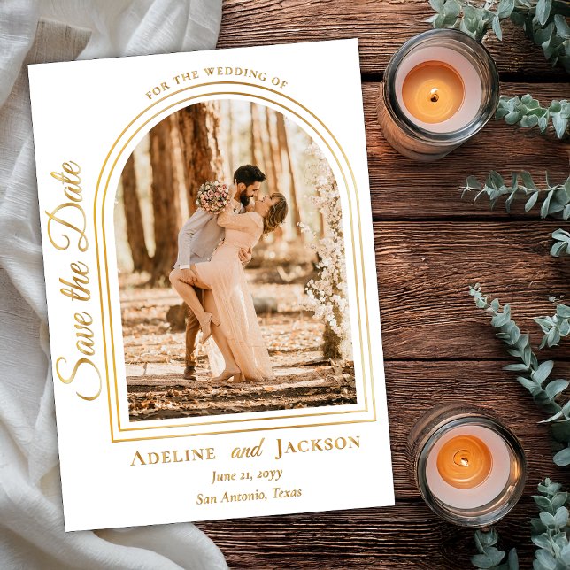Arched Photo Elegant Script Save the Date Folieneinladung (Arched Photo Elegant Script "Save the Date" Foil Announcement)