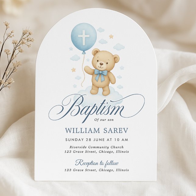 Arched Teddy Bären Boy Taufe Einladung (Elegant arched boy baptism invite with teddy and cross balloon – perfect for a timeless ceremony)