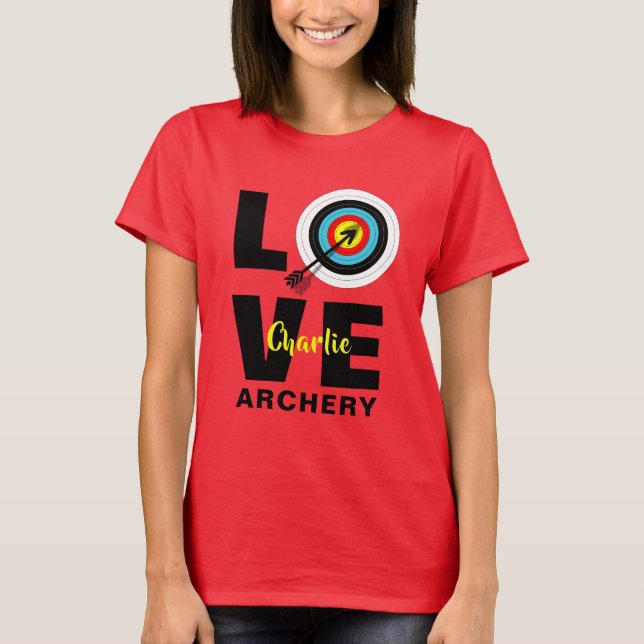 Archer-Liebe-Bogenschießen auf dem Zielbrett Perso T-Shirt (Vorderseite)