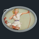 Archery Button-Up Girl Ovale Gürtelschnalle<br><div class="desc">Retro Pinup Art von Gil Elvgren. Niedliches Button-up Mädchen mit Bogen. Großartige Geschenke für Buttone.</div>