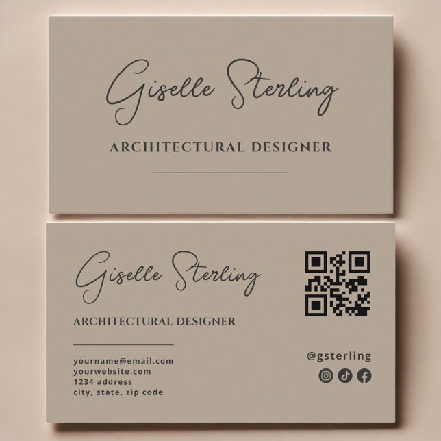 Architectura Designer Neutral Taupe Script QR Code Visitenkarte (Von Creator hochgeladen)
