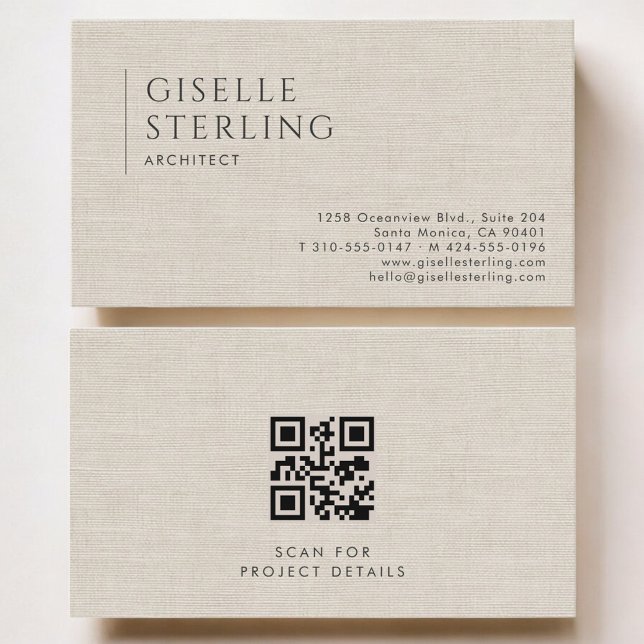 Architekten Luxus Neutraler Leinen QR Code Visitenkarte (Von Creator hochgeladen)
