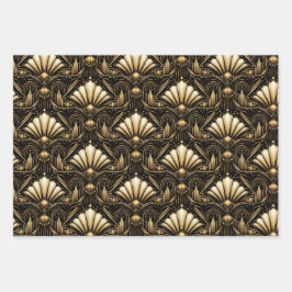 Architektonisches Art Deco | Schwarzer Gold Luxus Geschenkpapier Set